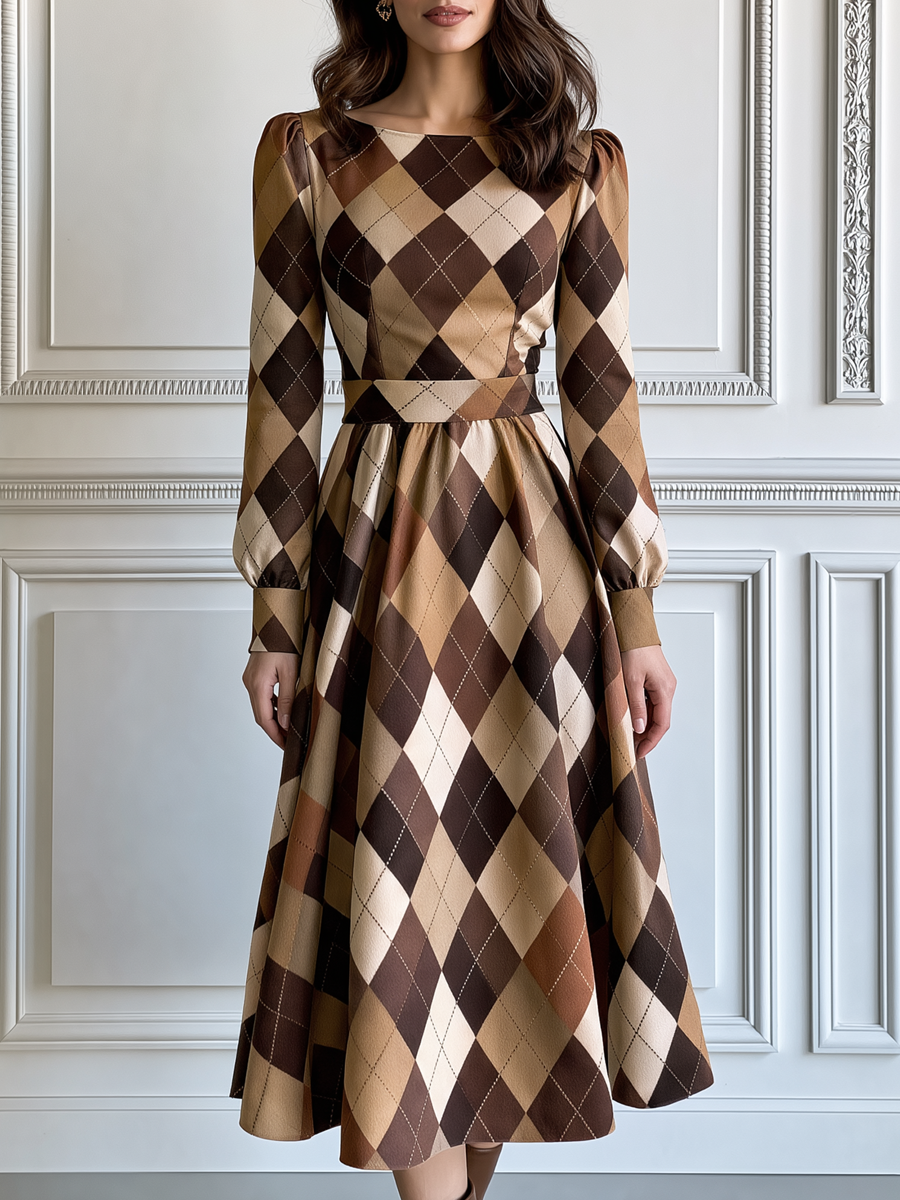 Argyle Plaid Boat Neck Long Sleeve A-Line Midi Dress
