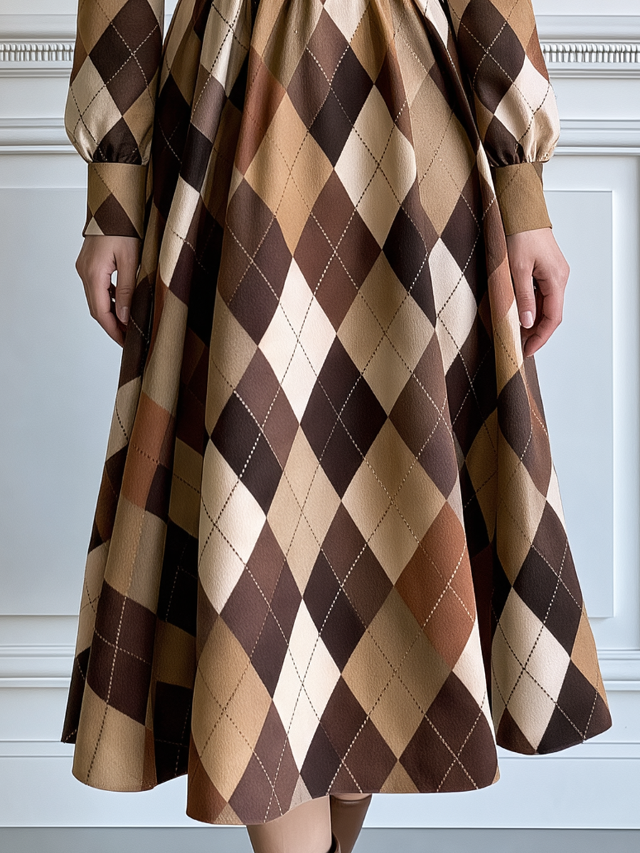 Argyle Plaid Boat Neck Long Sleeve A-Line Midi Dress