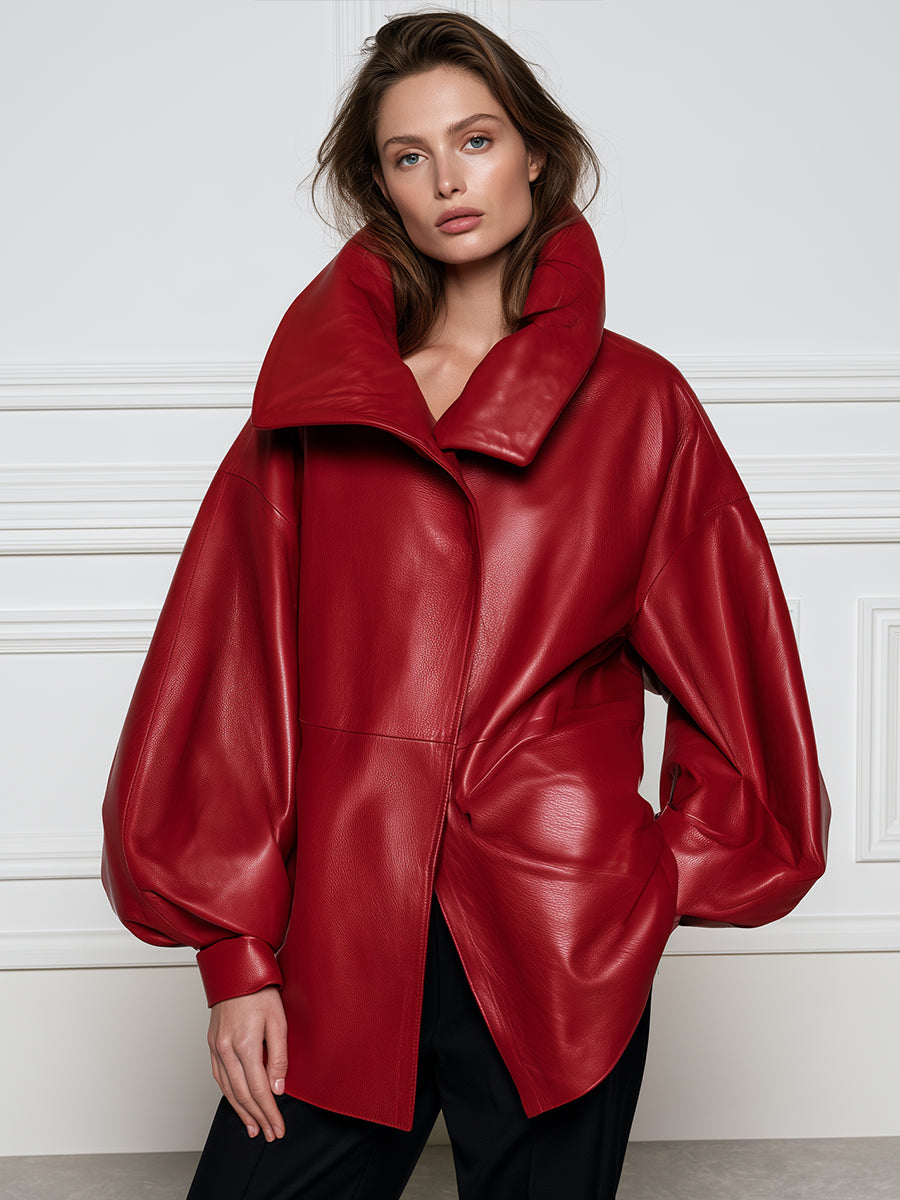 Oversized Funnel Collar Concealed Placket Leather Jacket