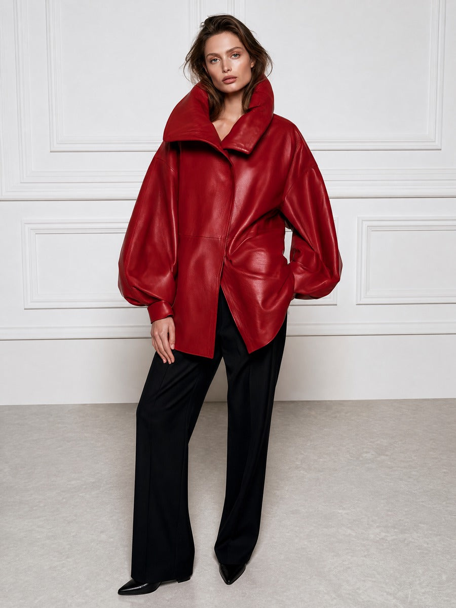 Oversized Funnel Collar Concealed Placket Leather Jacket