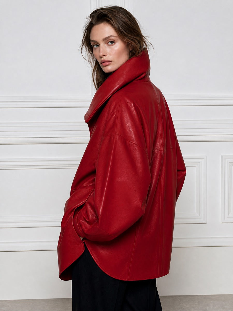 Oversized Funnel Collar Concealed Placket Leather Jacket