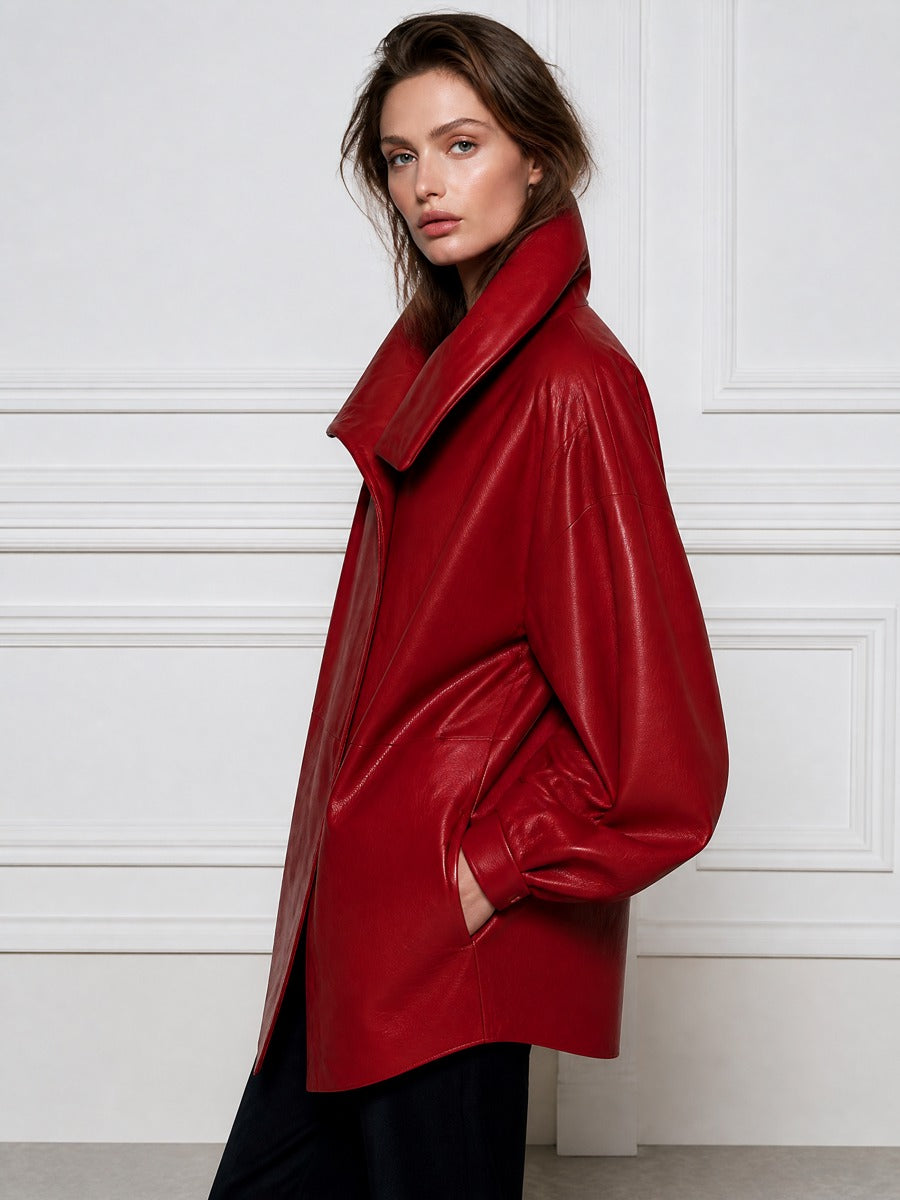 Oversized Funnel Collar Concealed Placket Leather Jacket