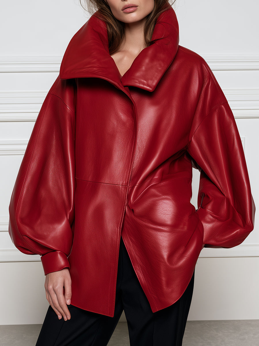 Oversized Funnel Collar Concealed Placket Leather Jacket