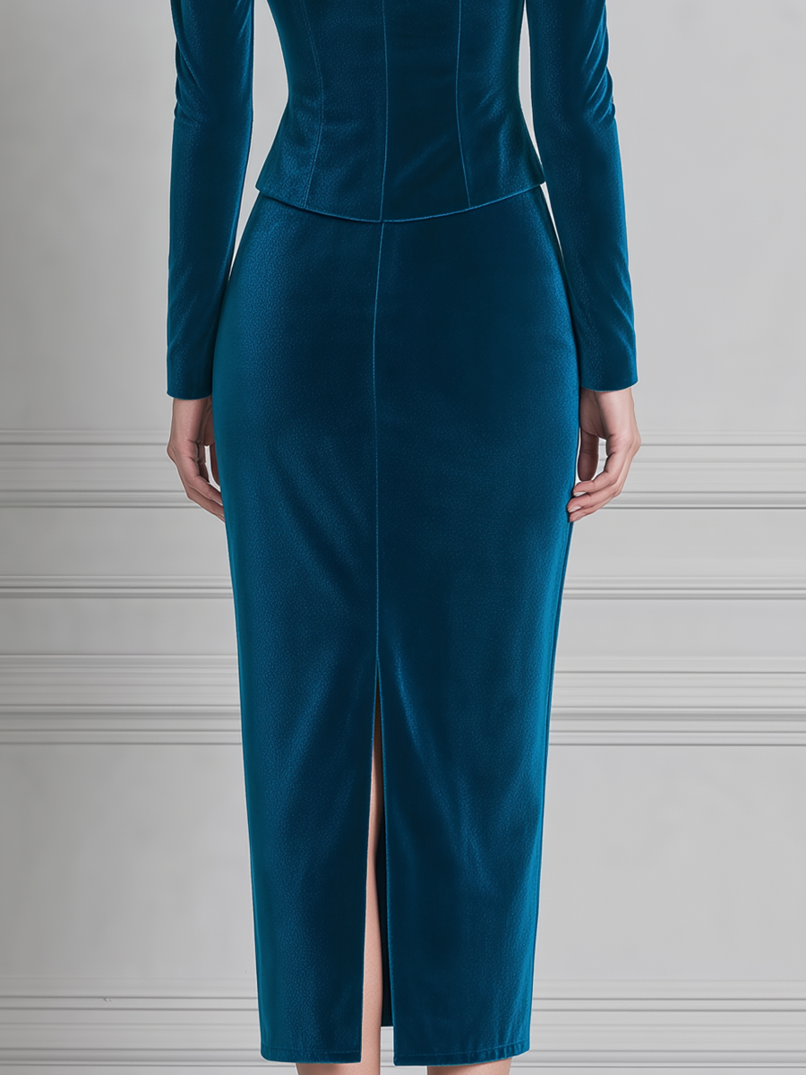 Teal Velvet Notched Lapel Puff Shoulder Corset Blazer & Pencil Midi Skirt Two-Piece Suit Set