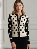 Polka Dot Intarsia Gold Button Fitted Knit Cardigan