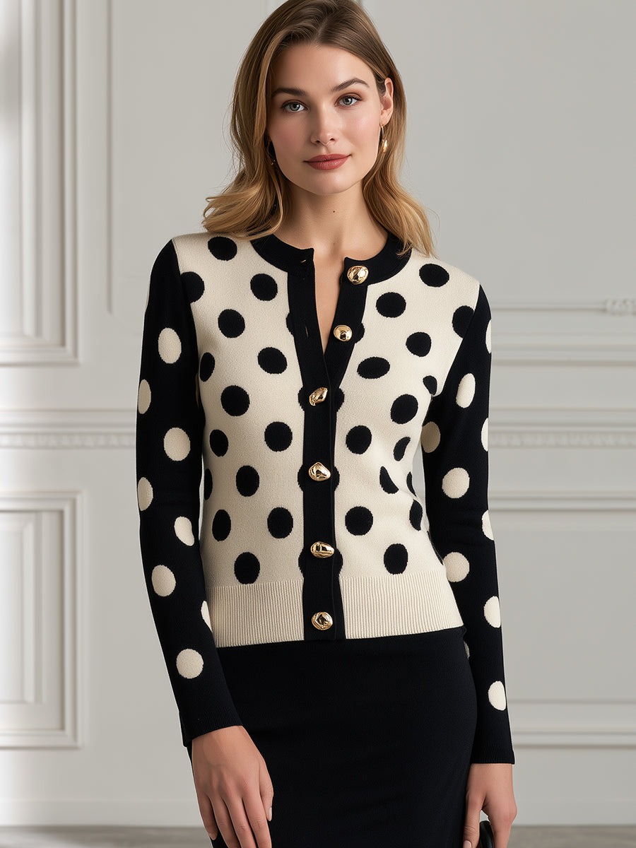 Polka Dot Intarsia Gold Button Fitted Knit Cardigan