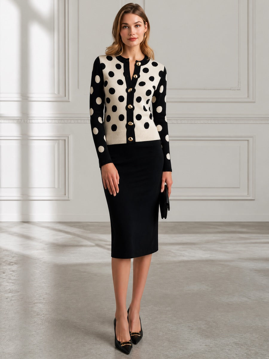Polka Dot Intarsia Gold Button Fitted Knit Cardigan