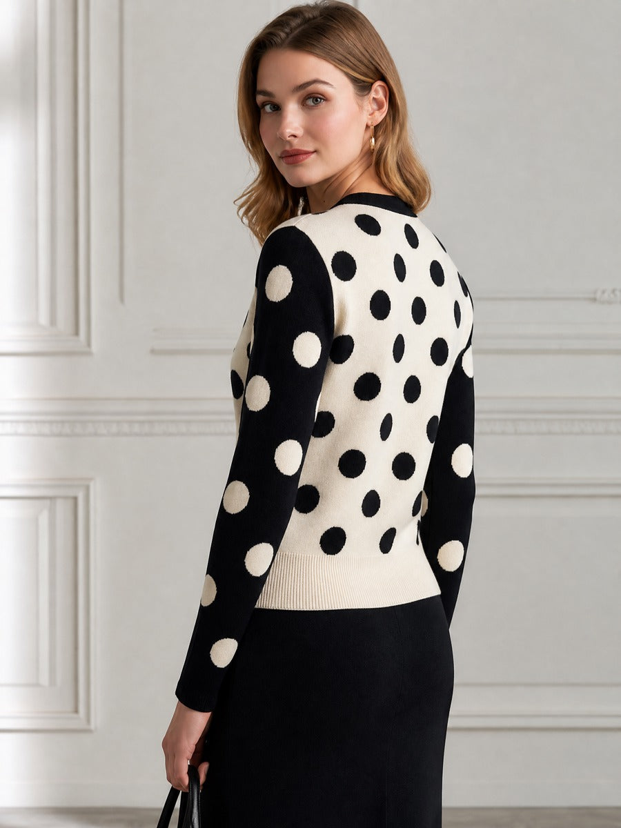 Polka Dot Intarsia Gold Button Fitted Knit Cardigan