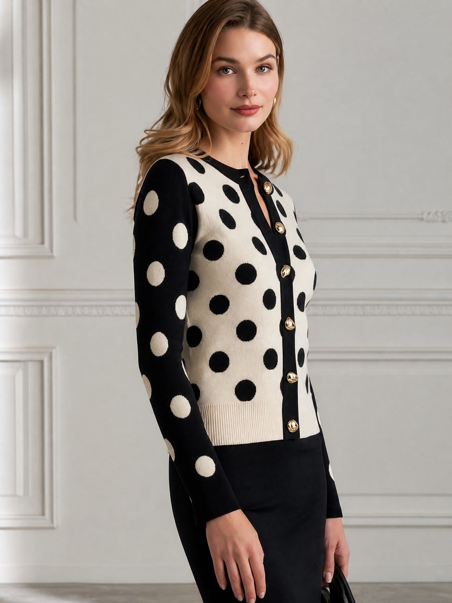 Polka Dot Intarsia Gold Button Fitted Knit Cardigan