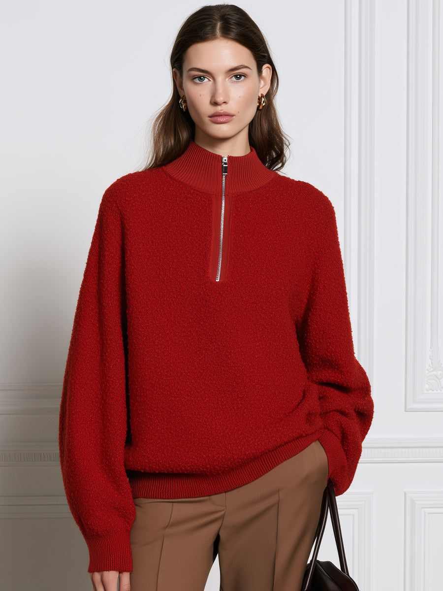 Half-Zip Mock Neck Textured Bouclé Knit Sweater
