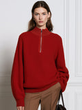 Half-Zip Mock Neck Textured Bouclé Knit Sweater