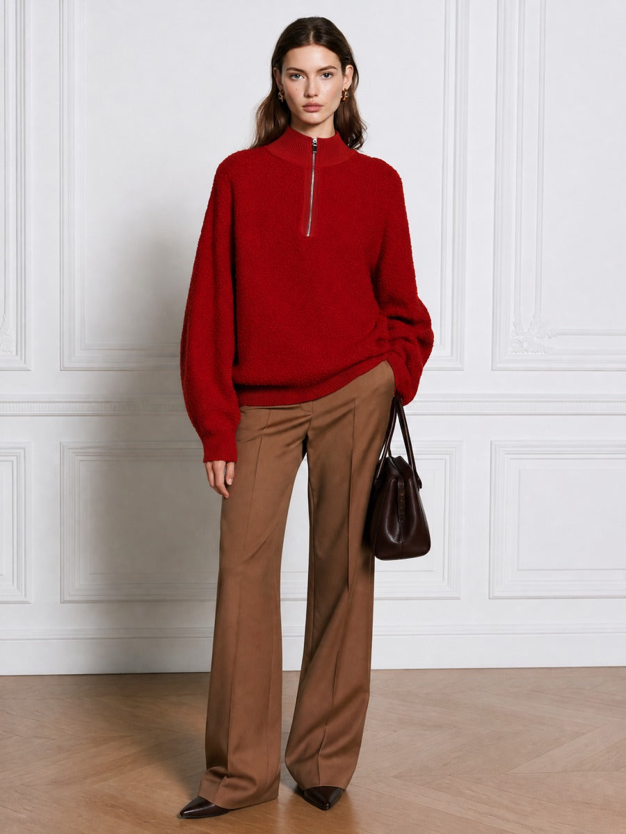 Half-Zip Mock Neck Textured Bouclé Knit Sweater