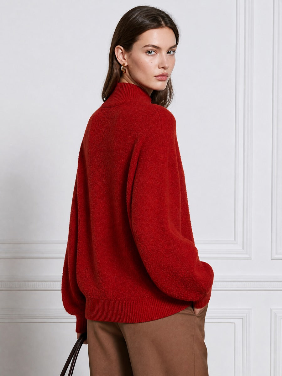 Half-Zip Mock Neck Textured Bouclé Knit Sweater
