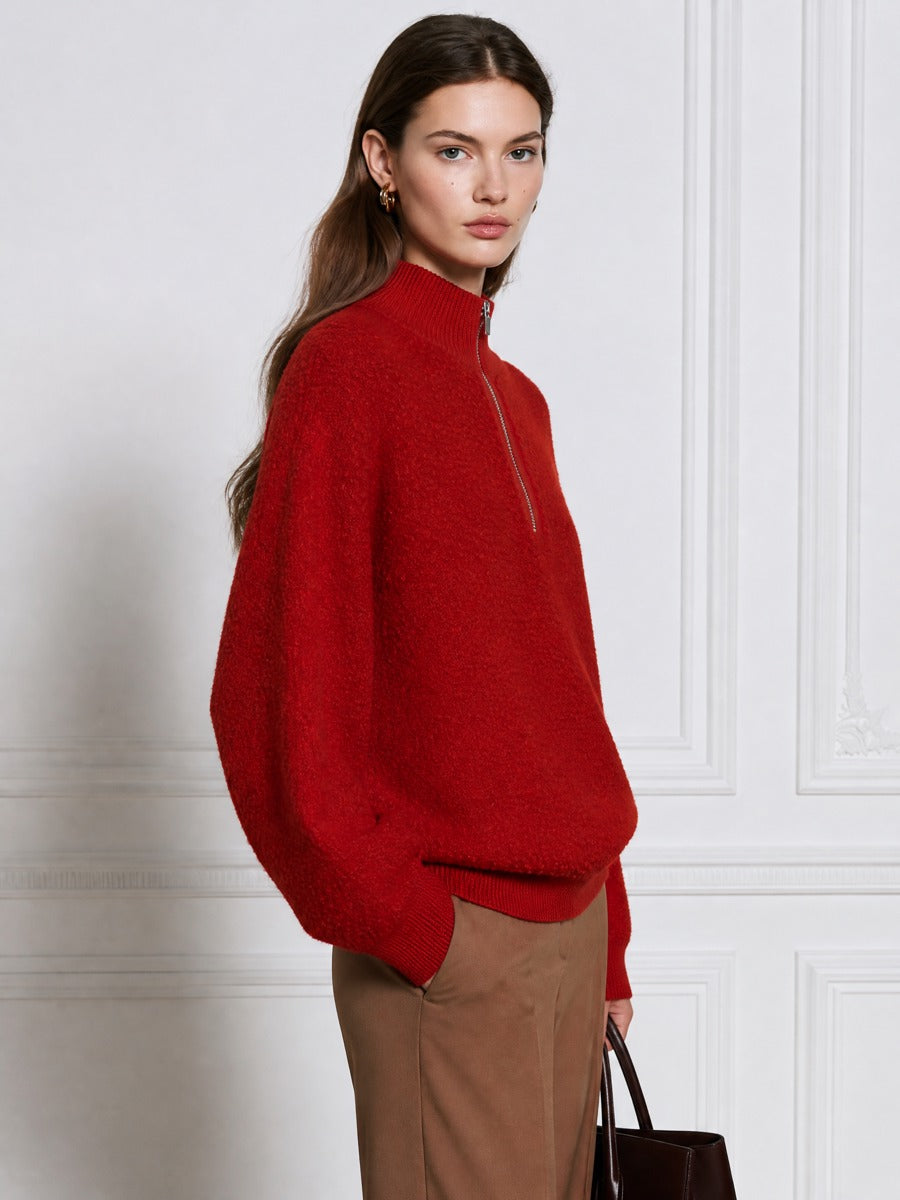 Half-Zip Mock Neck Textured Bouclé Knit Sweater