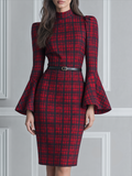 Red Tartan Plaid Mock-Neck Bell Sleeve Belted Pencil Midi Dress