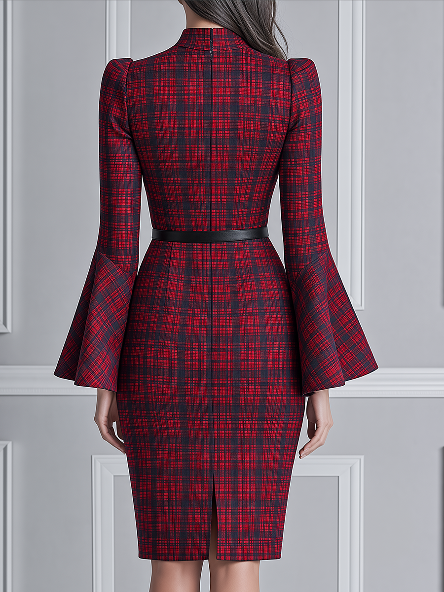 Red Tartan Plaid Mock-Neck Bell Sleeve Belted Pencil Midi Dress