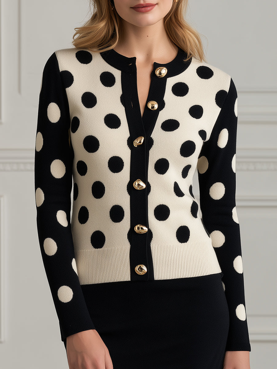 Polka Dot Intarsia Gold Button Fitted Knit Cardigan
