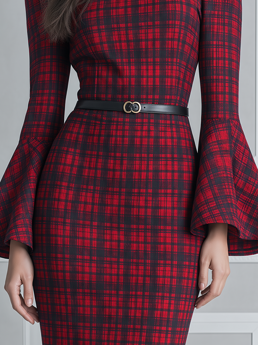Red Tartan Plaid Mock-Neck Bell Sleeve Belted Pencil Midi Dress