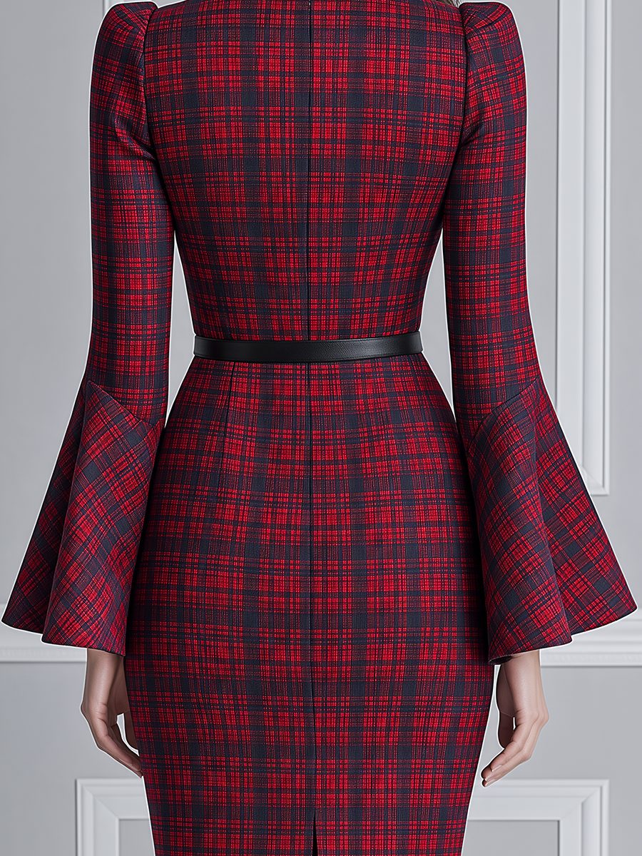 Red Tartan Plaid Mock-Neck Bell Sleeve Belted Pencil Midi Dress