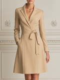Beige Notched Lapel Tie-Waist Wrap Fit-and-Flare Blazer Dress