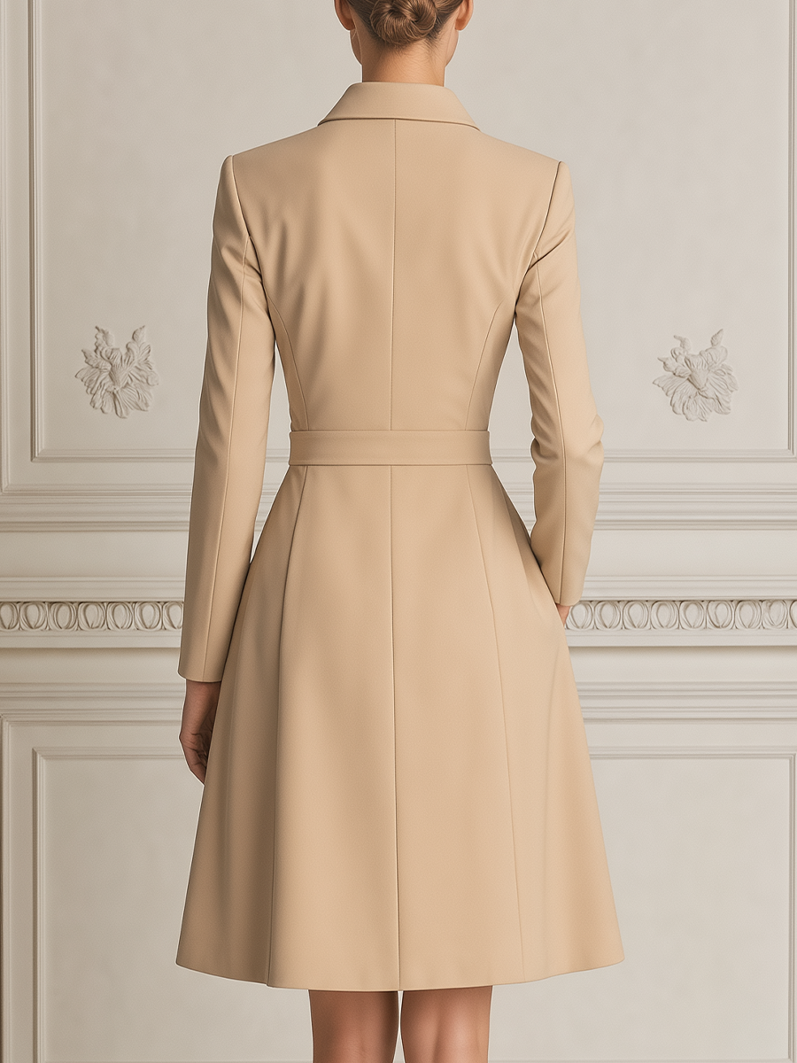 Beige Notched Lapel Tie-Waist Wrap Fit-and-Flare Blazer Dress