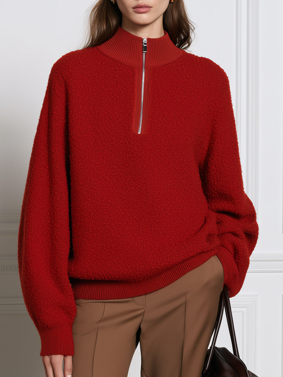 Half-Zip Mock Neck Textured Bouclé Knit Sweater