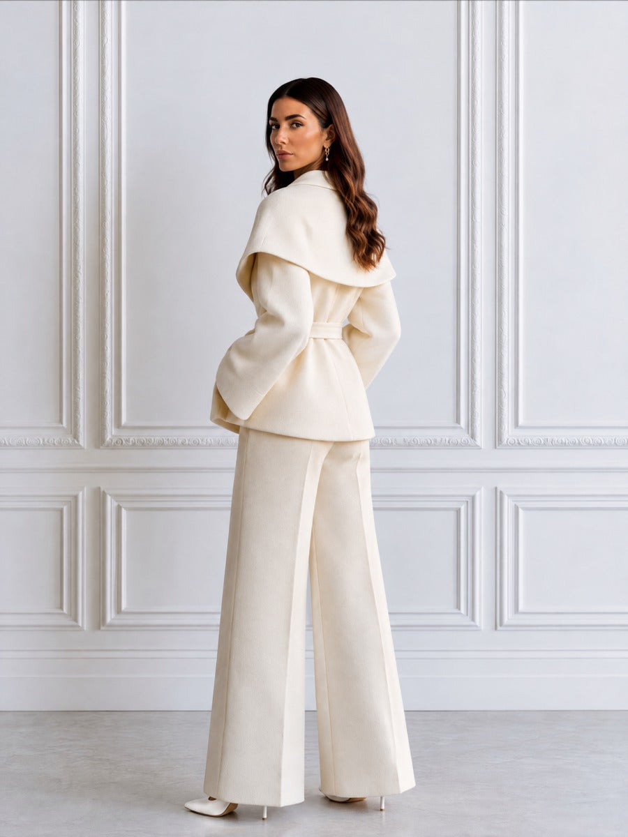 Shawl Collar Belted Wrap Blazer & Wide-Leg Trouser Suit Set