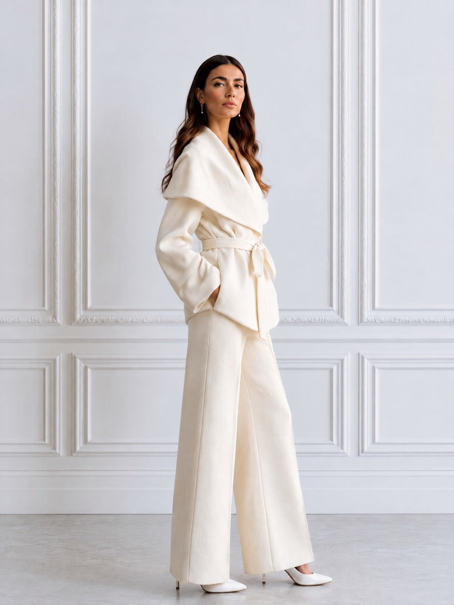 Shawl Collar Belted Wrap Blazer & Wide-Leg Trouser Suit Set