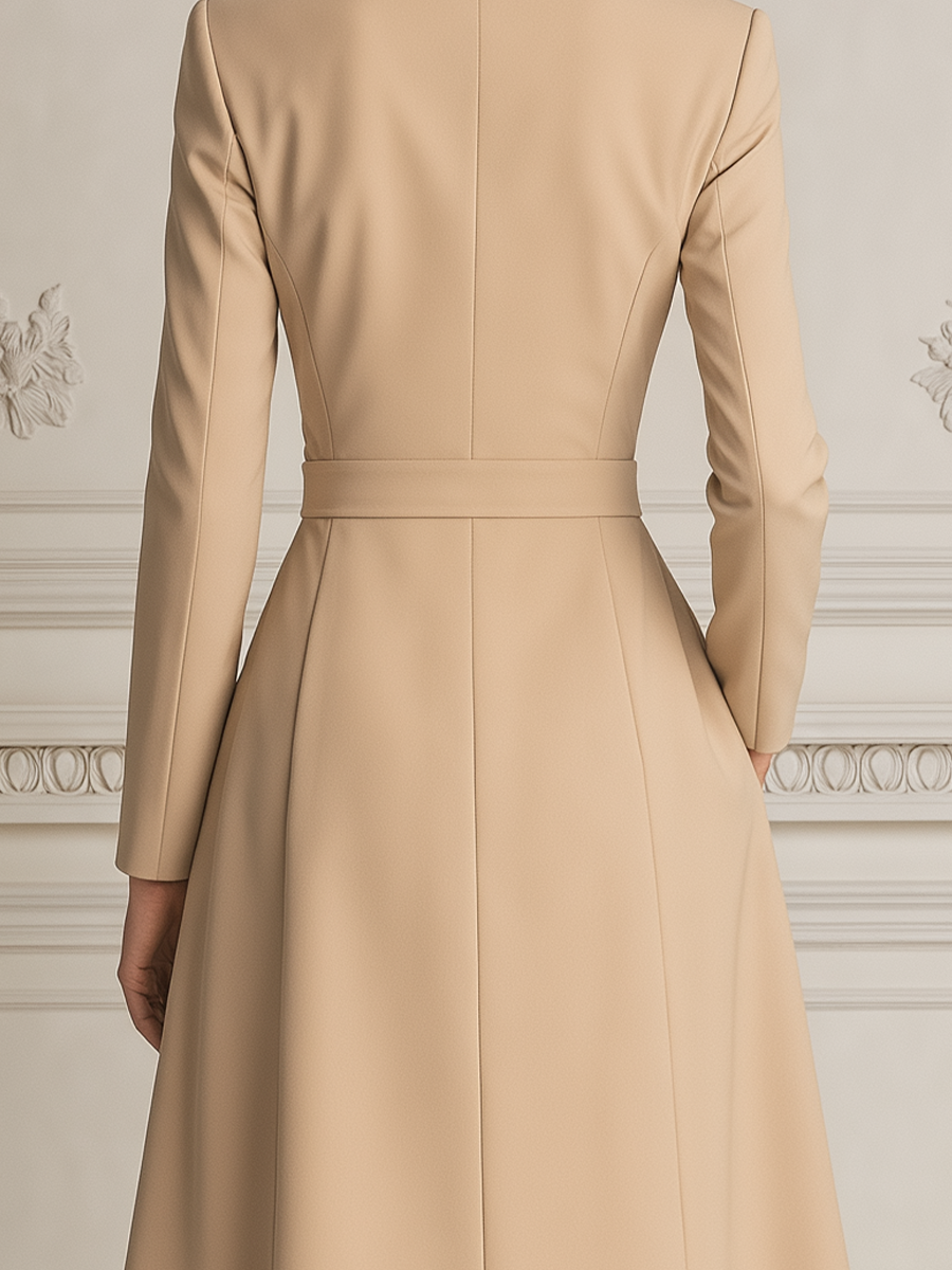 Beige Notched Lapel Tie-Waist Wrap Fit-and-Flare Blazer Dress