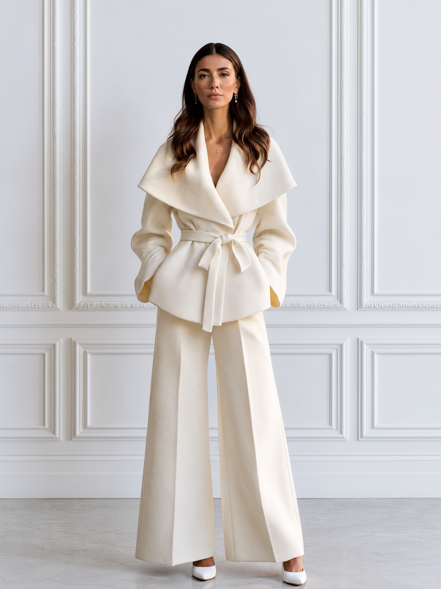 Shawl Collar Belted Wrap Blazer & Wide-Leg Trouser Suit Set