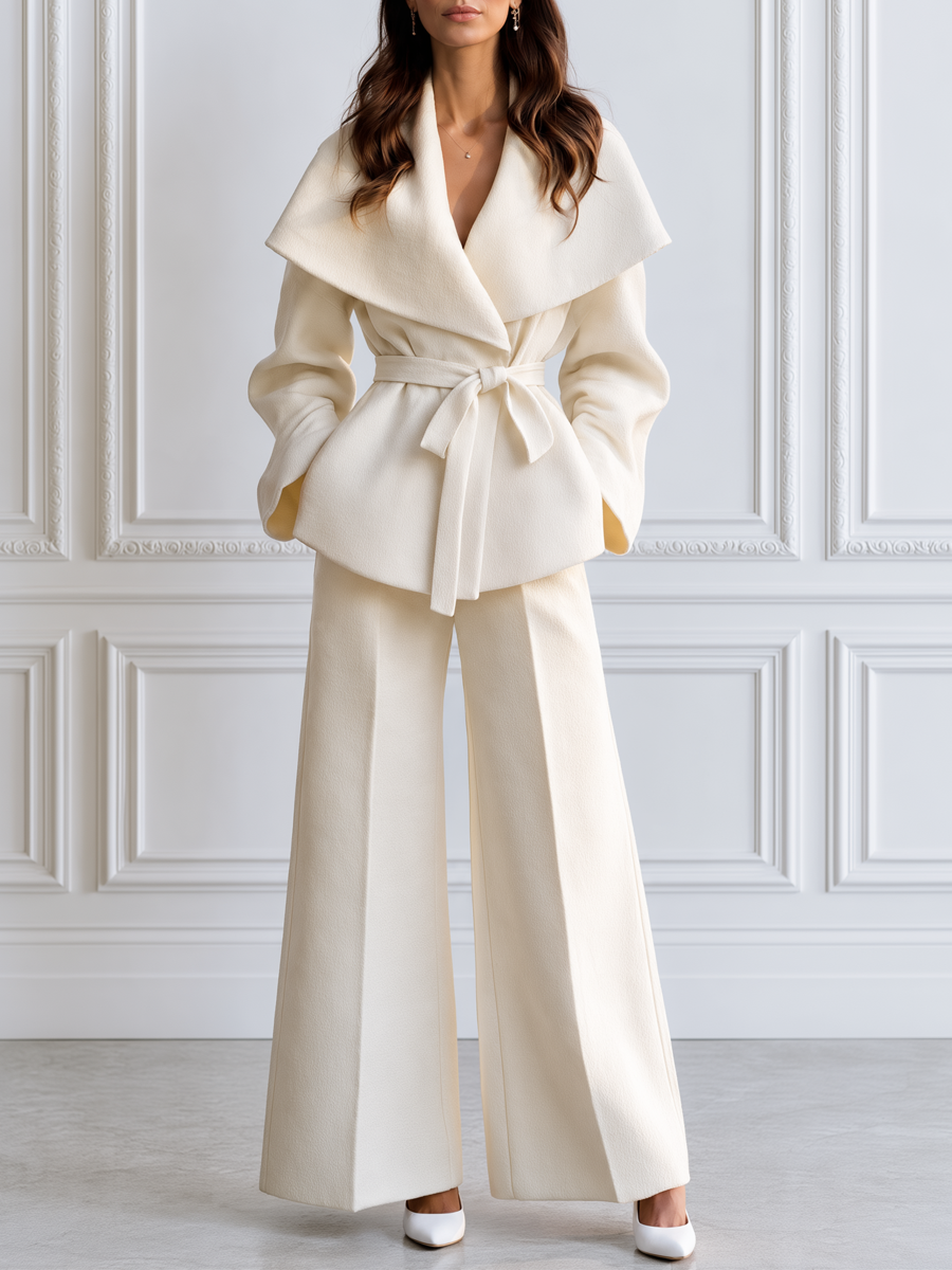 Shawl Collar Belted Wrap Blazer & Wide-Leg Trouser Suit Set