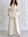 Shawl Collar Belted Wrap Blazer & Wide-Leg Trouser Suit Set