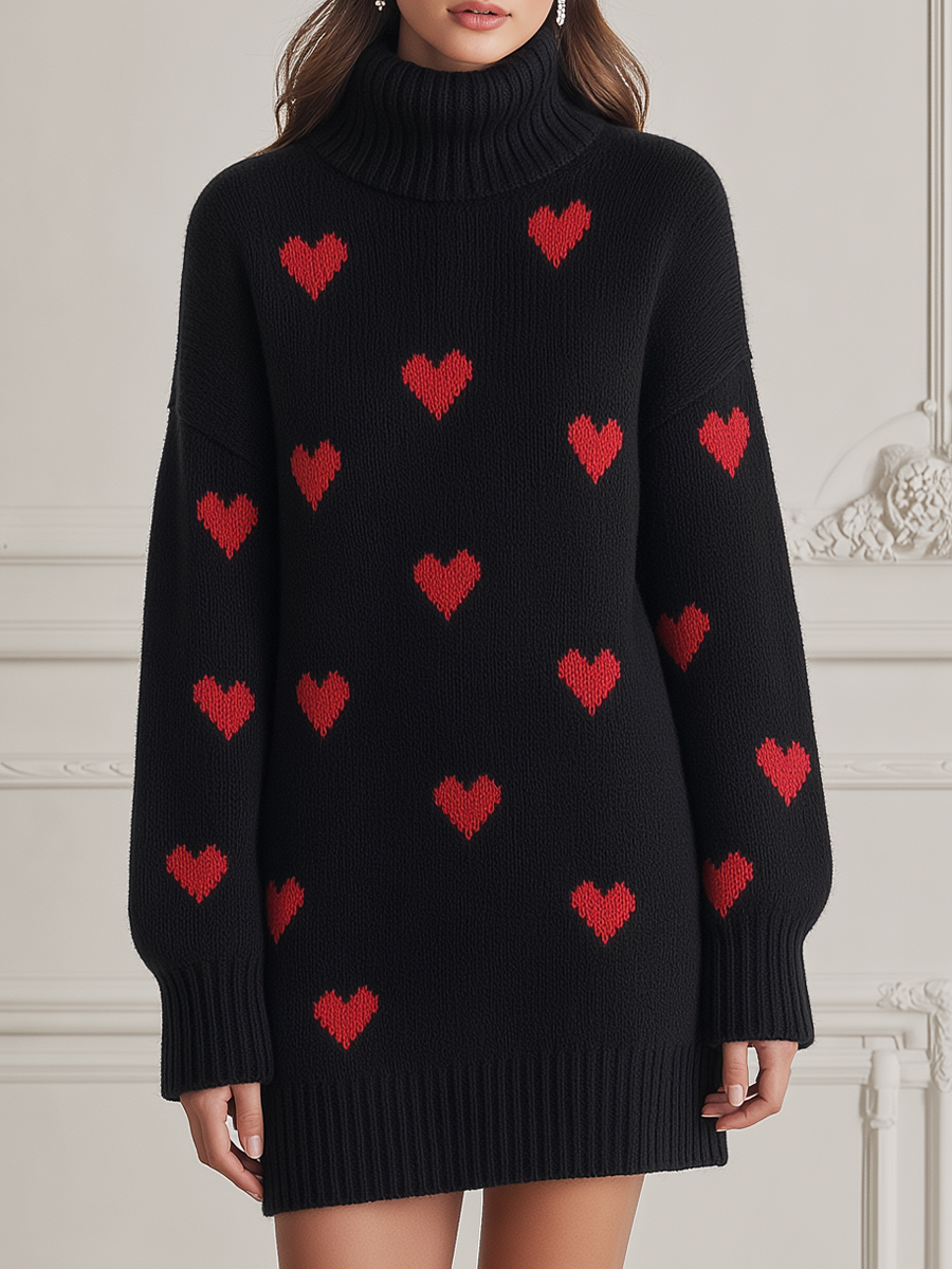 Heart Intarsia Turtleneck Drop-Shoulder Oversized Knit Sweater