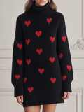 Heart Intarsia Turtleneck Drop-Shoulder Oversized Knit Sweater