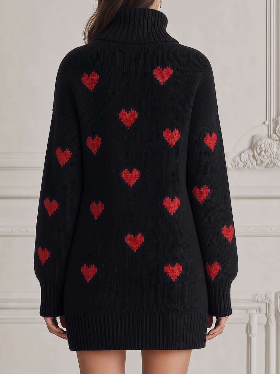Heart Intarsia Turtleneck Drop-Shoulder Oversized Knit Sweater