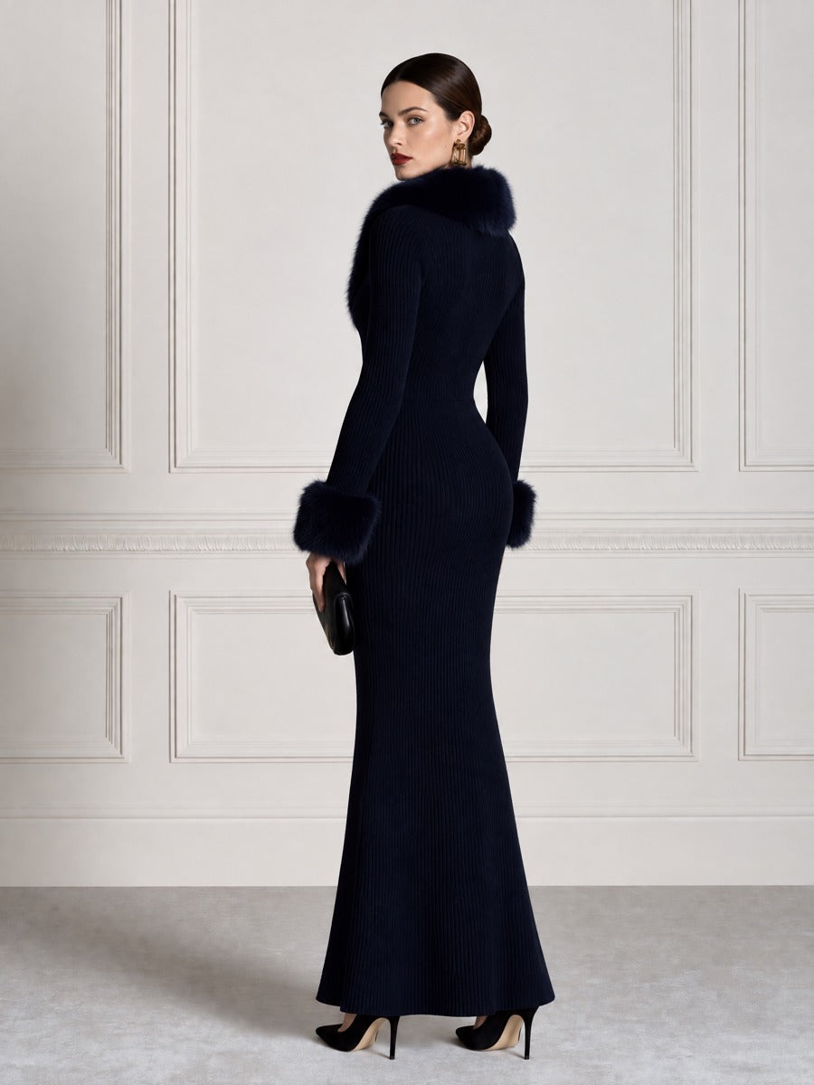 Fur-Trimmed Shawl Collar V-Neck Ribbed Knit Mermaid Maxi Dress