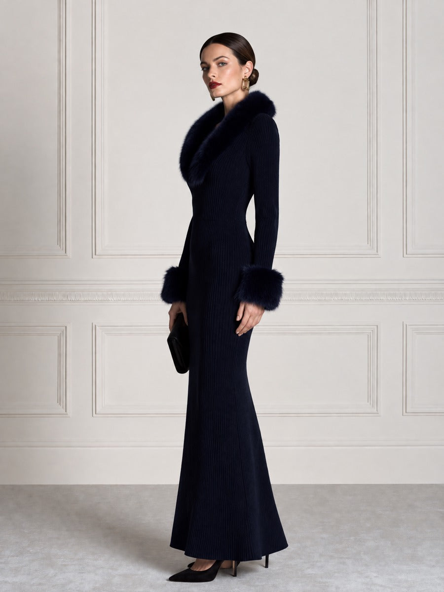 Fur-Trimmed Shawl Collar V-Neck Ribbed Knit Mermaid Maxi Dress