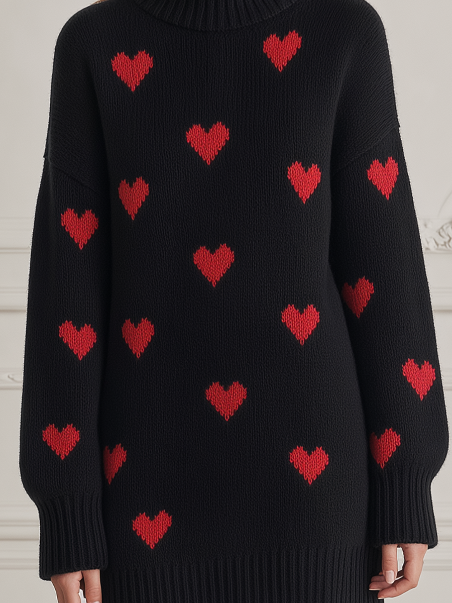 Heart Intarsia Turtleneck Drop-Shoulder Oversized Knit Sweater