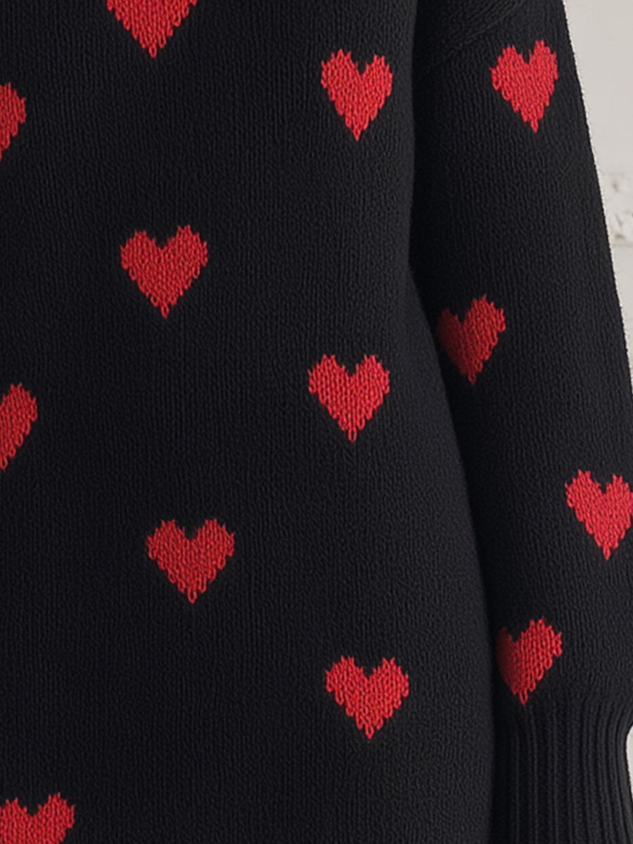 Heart Intarsia Turtleneck Drop-Shoulder Oversized Knit Sweater