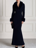 Fur-Trimmed Shawl Collar V-Neck Ribbed Knit Mermaid Maxi Dress