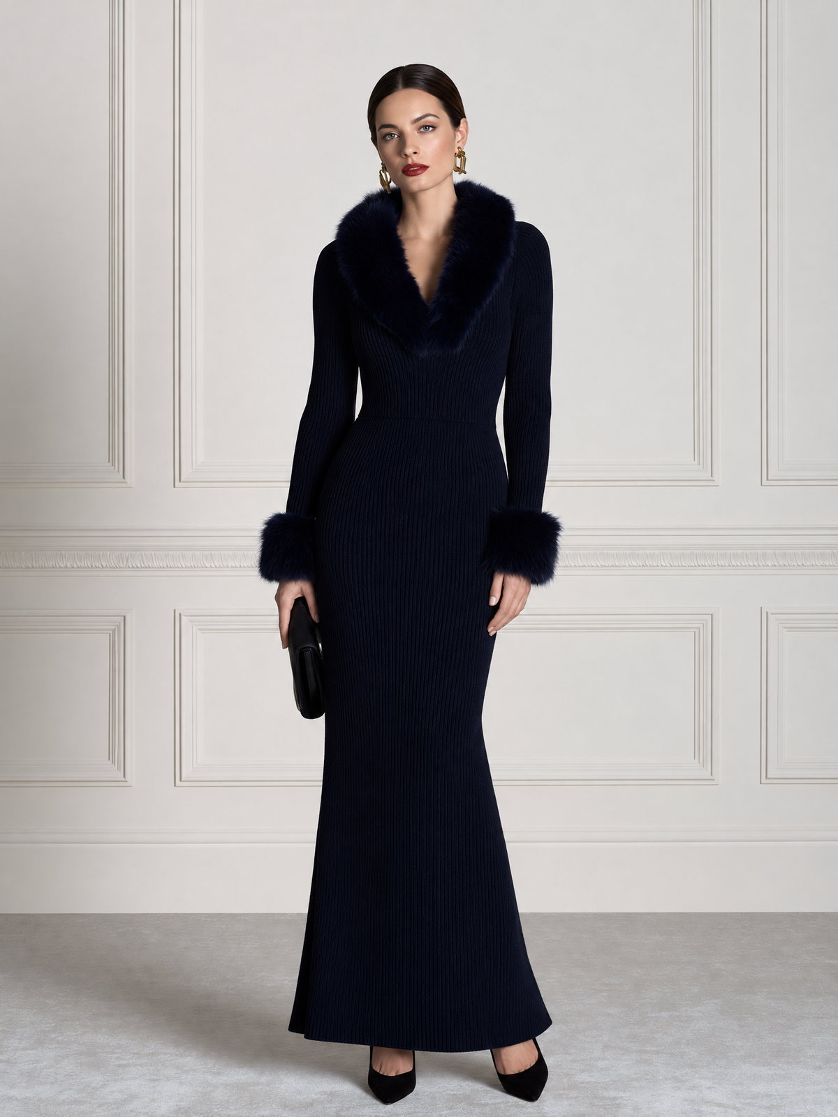 Fur-Trimmed Shawl Collar V-Neck Ribbed Knit Mermaid Maxi Dress
