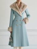 Elegant Faux Fur Collar Double-Breasted Long Wool Coat