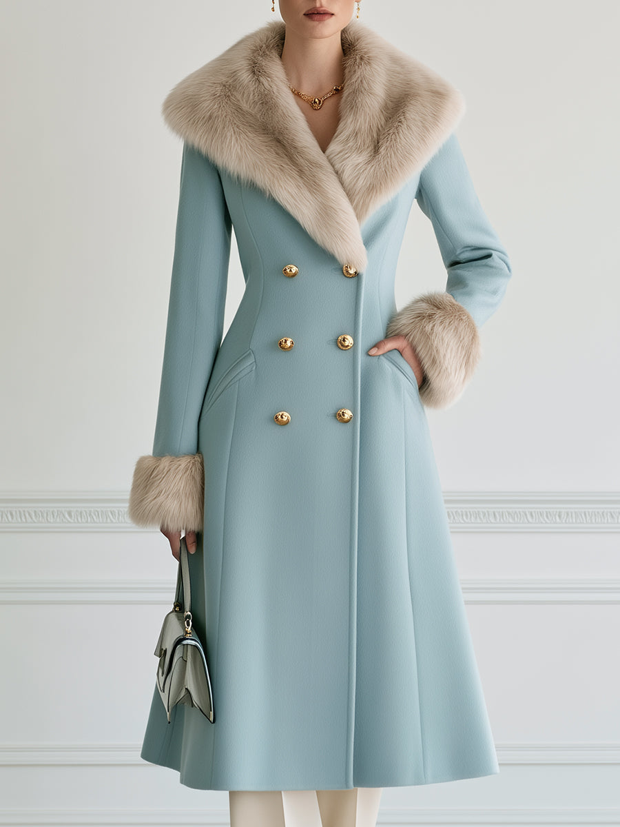 Elegant Faux Fur Collar Double-Breasted Long Wool Coat