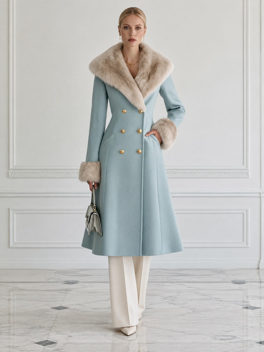 Elegant Faux Fur Collar Double-Breasted Long Wool Coat