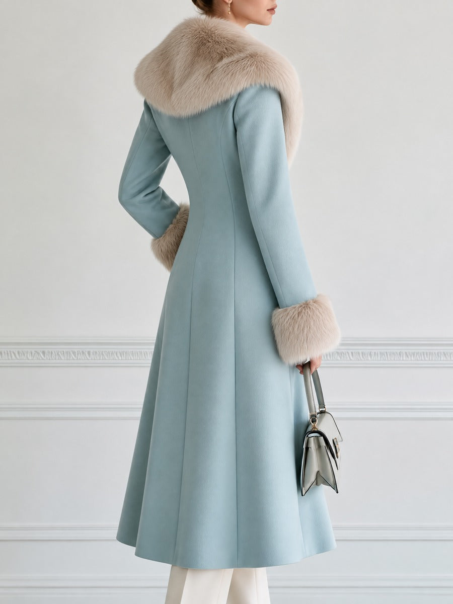 Elegant Faux Fur Collar Double-Breasted Long Wool Coat