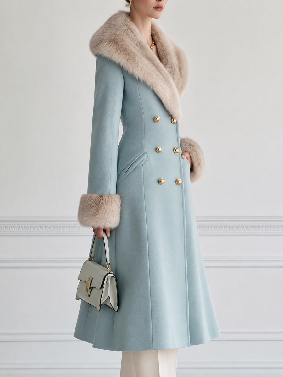 Elegant Faux Fur Collar Double-Breasted Long Wool Coat