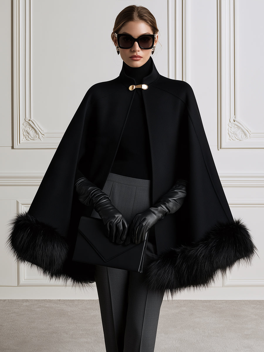 Faux Fur Trim Cape Coat with Gold Clasp
