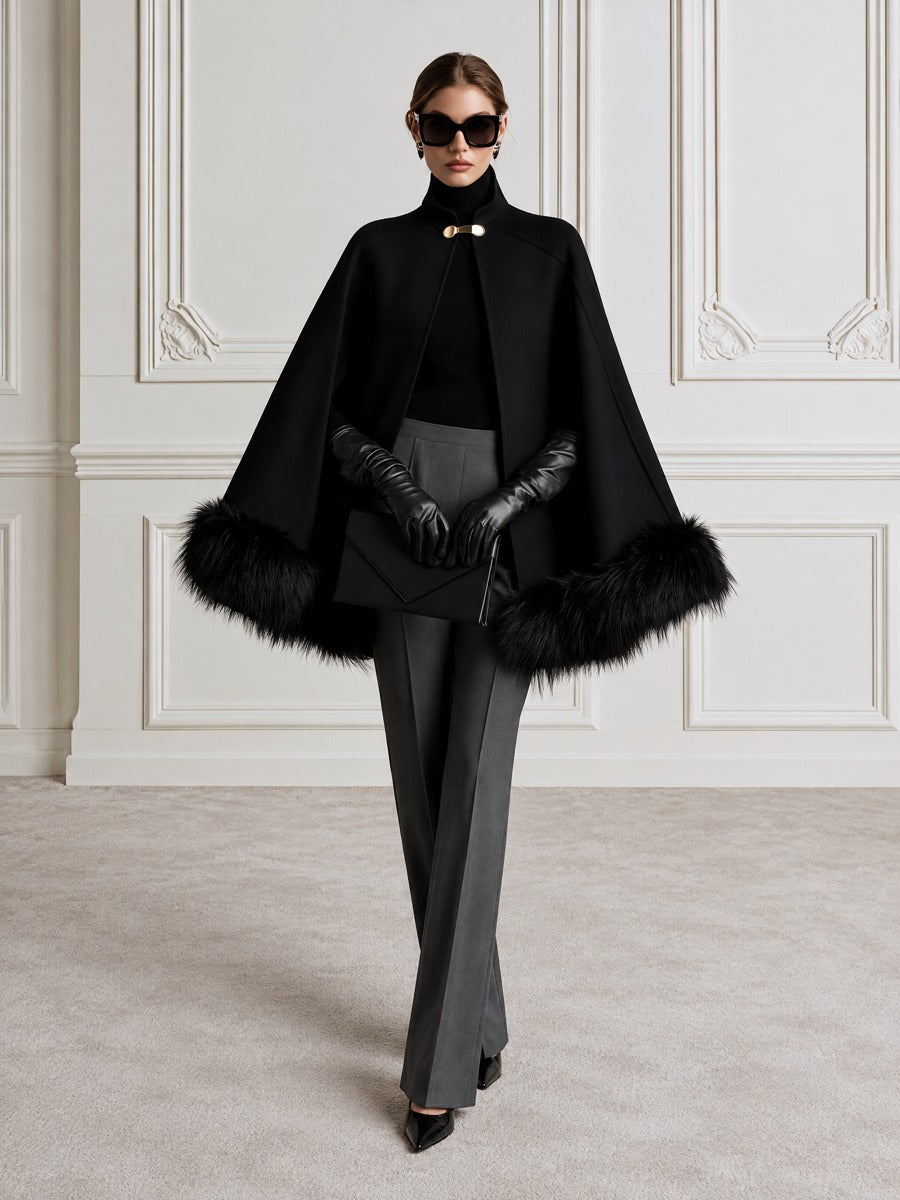 Faux Fur Trim Cape Coat with Gold Clasp