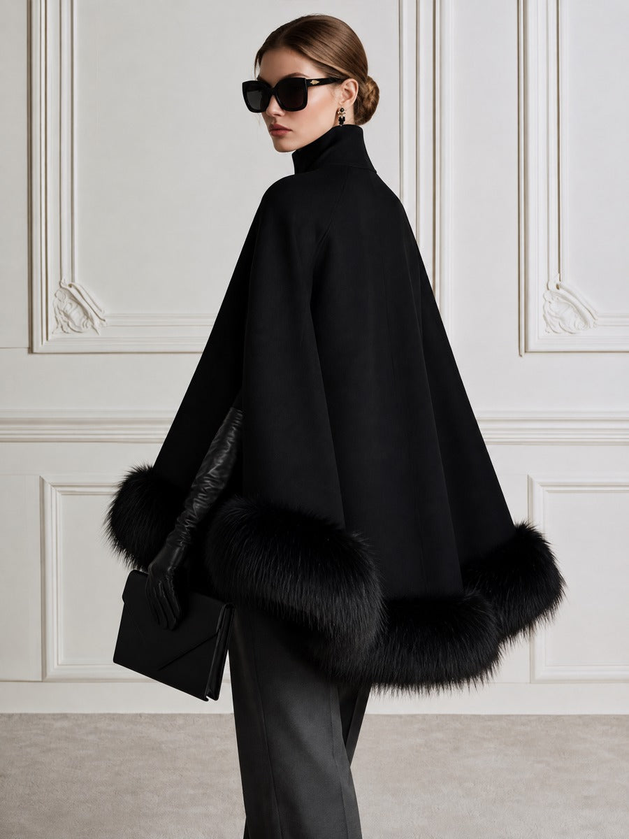 Faux Fur Trim Cape Coat with Gold Clasp