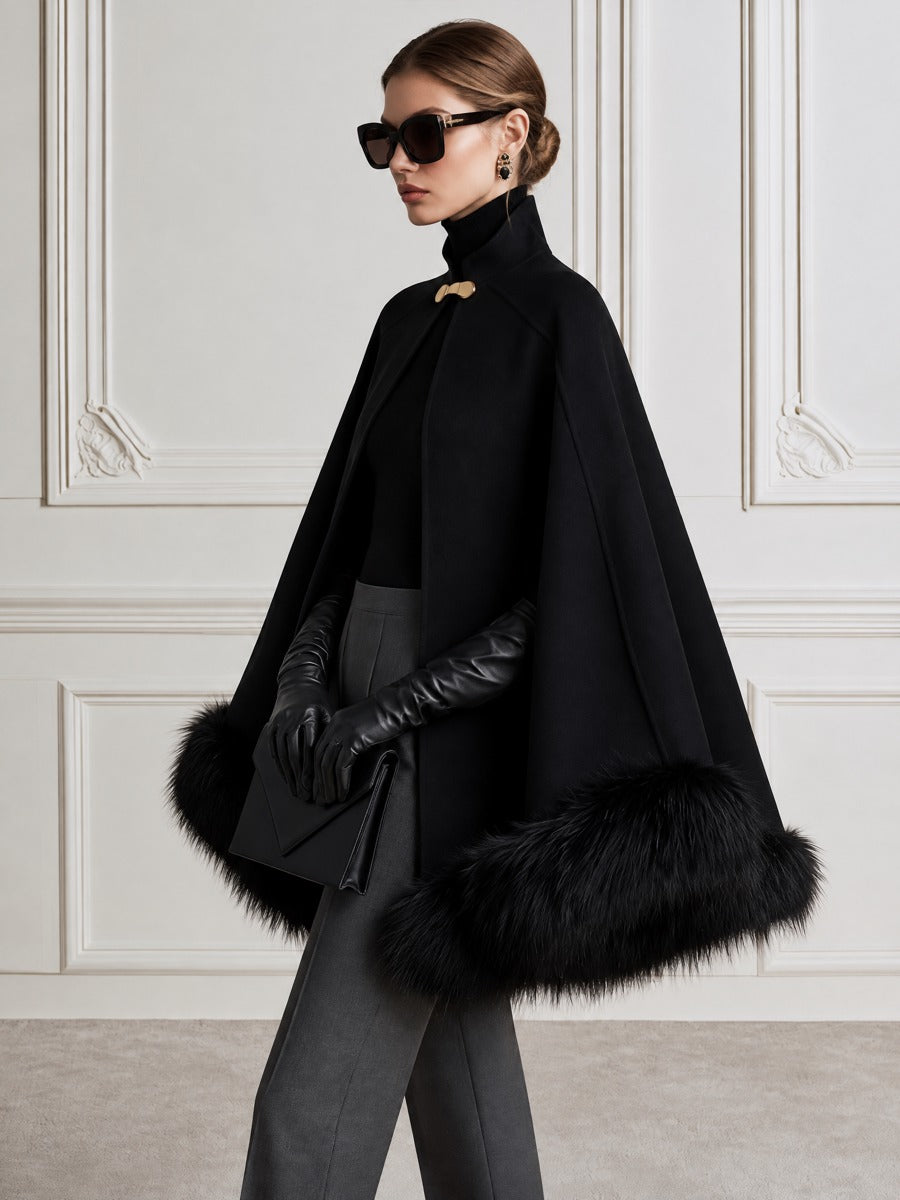 Faux Fur Trim Cape Coat with Gold Clasp